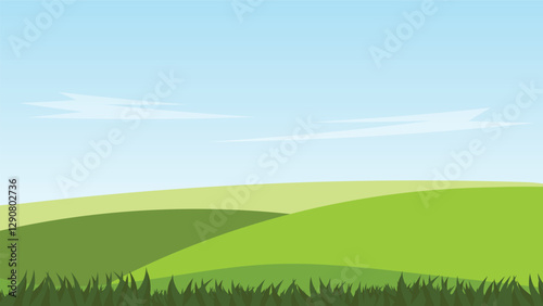 green field with grass and blue sky background. landscape cartoon scene