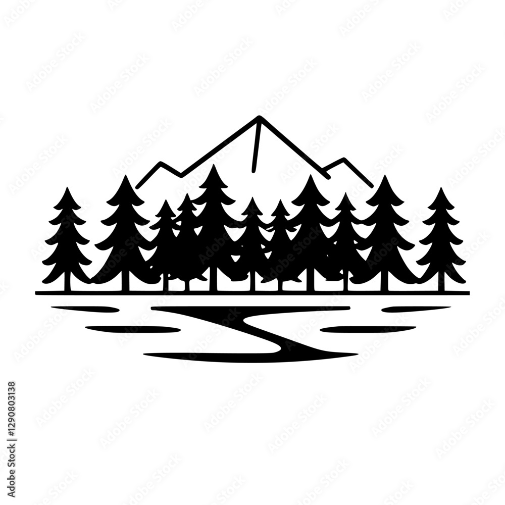 Fototapeta premium Black and white minimal landscape: mountains, fir trees, and a river.