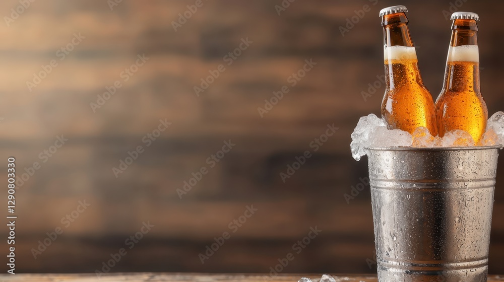 Two bottles of beer encased in ice create a visual invitation for enjoyment, symbolizing social moments and celebrations shared among friends in a warm, inviting environment.