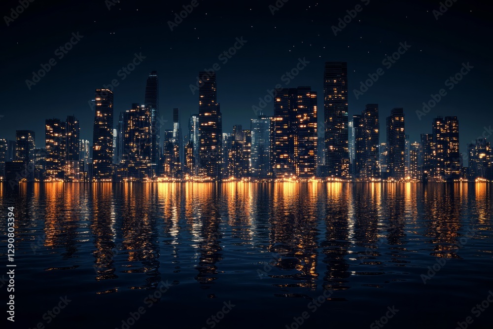 Obraz premium city buildings skyscapes at night water front, front view on black background