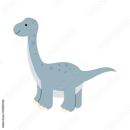 Cute brontosaurus dinosaur in a flat style. Friendly dino with a long neck. Perfect for kids designs, nursery prints, stickers. Vector illustration, isolated on a white background.