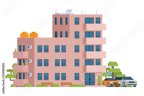 Apartment Building Vector Illustration. Urban Mid-Rise Housing in Flat Style and Clean Design