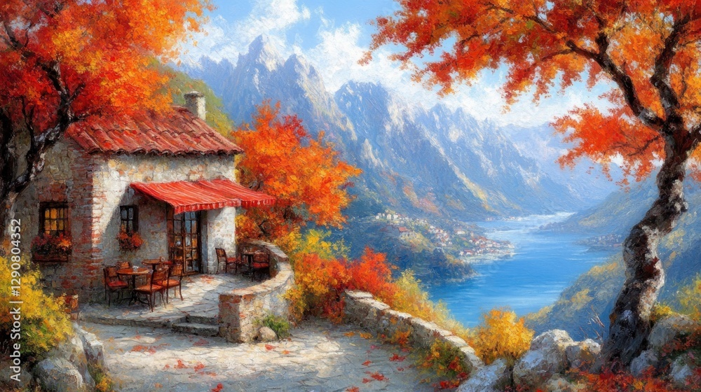 Autumn house overlooking a tranquil lake and mountains. Fall colors and serene ambiance Autumn house overlooking a tranquil lake and mountains. Fall colors and serene ambiance