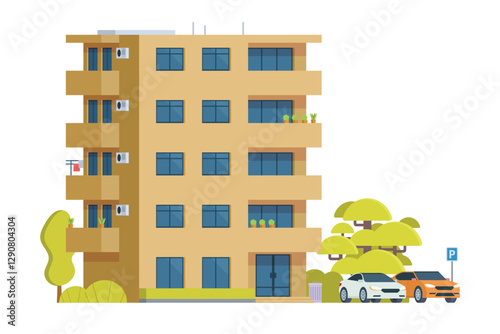 Apartment Building Vector Illustration. Urban Mid-Rise Housing in Flat Style and Clean Design