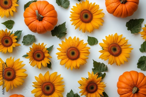 Festive Arrangement of White and Orange Pumpkins With Vibrant Sunflowers and ...