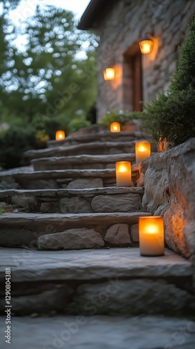 Stairway Illuminated by Candles Amidst a Lush Garden During Twilight