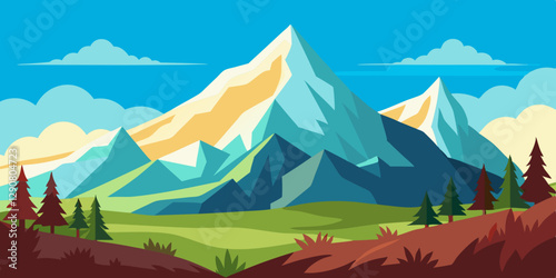 Majestic mountain landscape with pine trees and vibrant blue skies