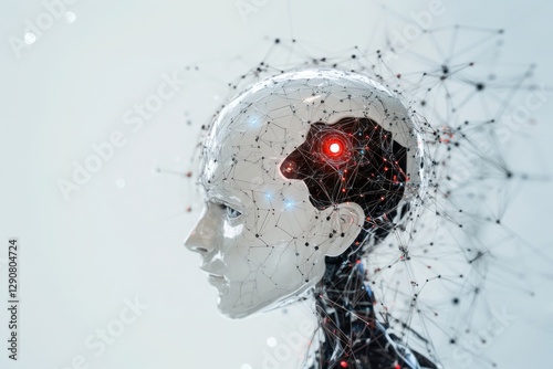 Futuristic artificial intelligence concept with a humanoid robot featuring a glowing red neural network and a digital brain interface. Copy space