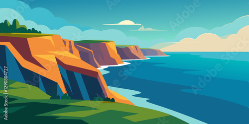 Coastal cliffs overlook serene ocean under bright sky with scattered clouds