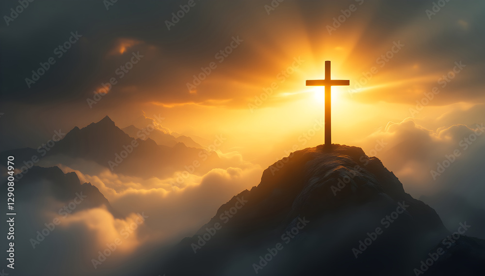 Christian cross, crucifixion on beautiful mountain rock at sunrise landscape. jesus easter resurrection concept. Good Friday. Religion, Bible, Christianity and faith concept. Christian cross, crucifixion on beautiful mountain rock at sunrise landscape. jesus easter resurrection concept. Good Friday. Religion, Bible, Christianity and faith concept.