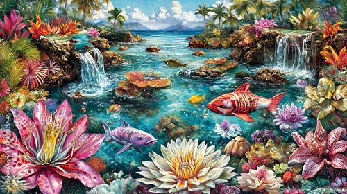 Vibrant Tropical Paradise Landscape with Waterfall and Colorful Fish