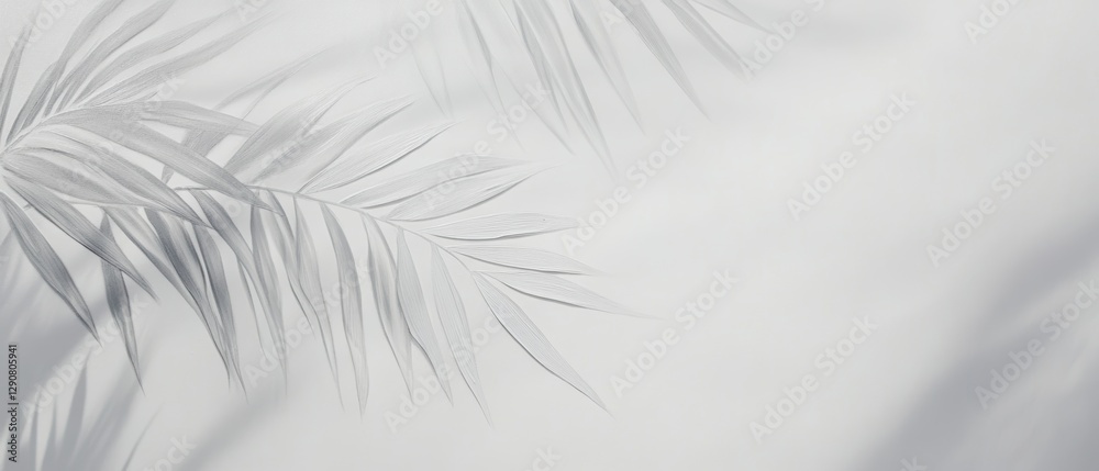 Obraz premium Tropical palm leaves shadows against a soft white background, minimalistic decor, nature aesthetics, neutral tones for interior design, modern wallpaper.