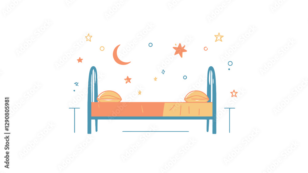 The image is a minimalist line art illustration depicting a simple bed with a light blue frame and an orange and yellow blanket.  Small, stylized stars and a crescent moon are scattered around the