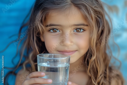Smiling Girl Holding a Glass of Clear Water With a Bright Blue Background