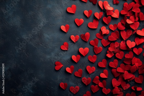 Red Hearts Scattered on a Dark Surface for Romantic Celebrations and Decorations