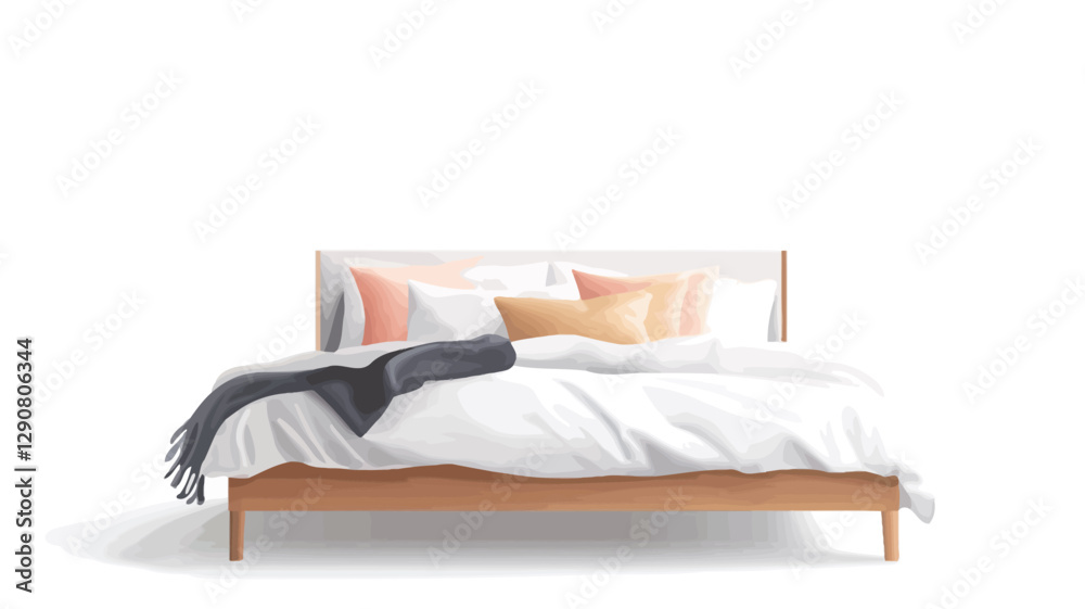 The image shows a full frontal view of a modern double bed. The bed frame is made of light-colored wood with a simple, clean design. The bedding consists of white sheets and a white duvet, neatly The image shows a full frontal view of a modern double bed. The bed frame is made of light-colored wood with a simple, clean design. The bedding consists of white sheets and a white duvet, neatly