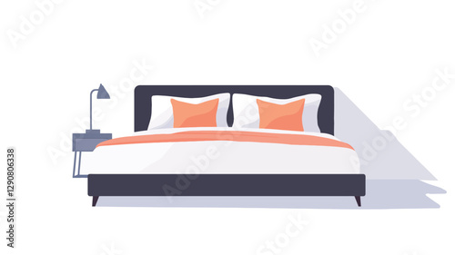 A digital illustration depicting a flat style representation of a modern bedroom scene. The image shows a dark grey double bed with white bedding and two coral-colored pillows. A small dark grey