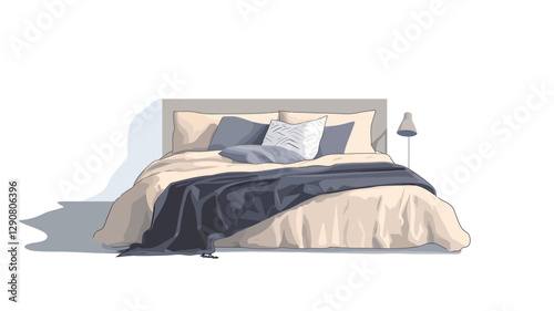 Illustration of a made bed. The bed has a light beige duvet cover and a navy blue blanket draped over it. Several pillows in varying shades of beige, gray, and navy blue are arranged on the bed. A