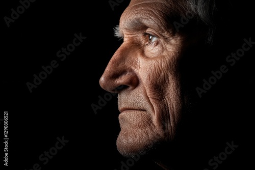 Profile of an elderly man illuminated dramatically against dark