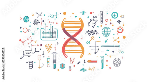 The image is a vector illustration featuring a large, central DNA double helix rendered in a gradient of orange and yellow.  The helix is surrounded by a variety of smaller, colorful line icons