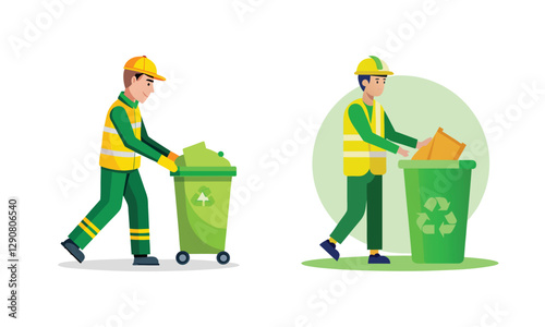 Sanitation workers collecting recyclable waste isolated on white background