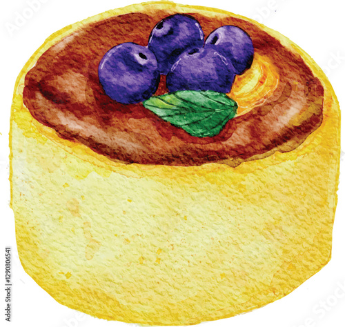 Souffle Pancake with blueberry on top vector watercolor illustration hand drawn