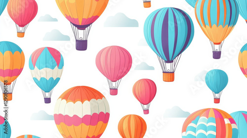 Colorful airballoon, pattern, air transport for travel, leisure and entertainment, design, flat style vector illustration. Bright seamless pattern textile industry, balloons flying across sky outdoor.