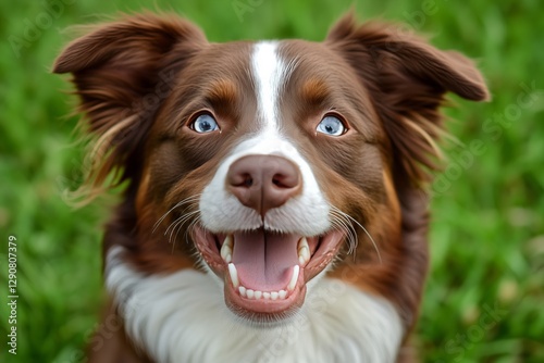 Happy Brown Dog With Bright Blue Eyes Smiling at the Camera in a Close-Up Shot