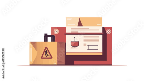 A digital illustration in a flat lay style depicts various packaging elements.  The main focus is a red rectangular box with what appears to be an instruction sheet or product information displayed