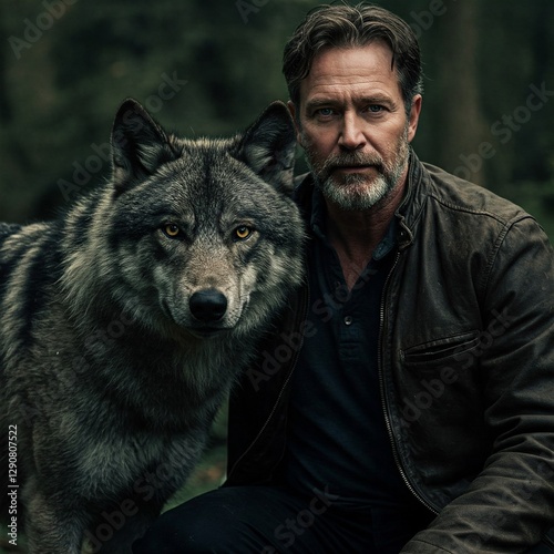 Man and wolf photo