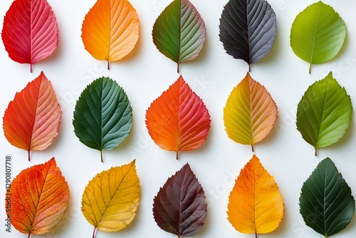 Colorful Arrangement of Autumn Leaves on a White Background Showcasing Various Shades of Nature