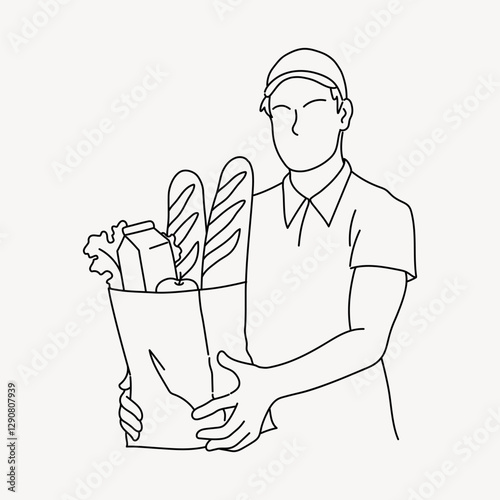 Baker man holding baguettes doodle illustration vector