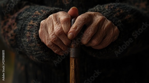Old woman hands resting on a walking cane, showing fragility and strength. A symbol of aging and perseverance.