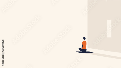 A minimalist vector illustration depicting a person in a seated meditation posture on a dark surface against a backdrop of a simple white interior space with a light-colored wall and a hint of