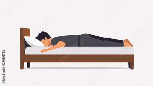 A vector illustration depicting a man lying prone on a bed, his face resting on a pillow. The bed is brown wood with a white mattress and pillow. The man is illustrated in a simplified, flat style