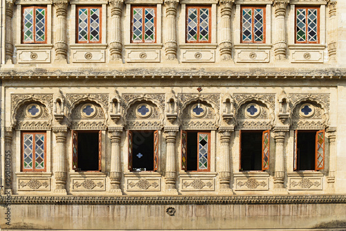 Architectural windows of Lord Shiva Temple at Mahadji Shinde Chhatri a Hindu temple & Anglo-Rajasthani architecture, Pune, Maharashtra, India.