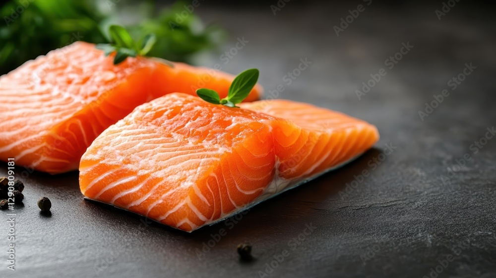 Three cuts of premium salmon fillets artistically arranged on a dark background, garnished with herbs to create a striking contrast and highlight the quality and freshness of the fish. Three cuts of premium salmon fillets artistically arranged on a dark background, garnished with herbs to create a striking contrast and highlight the quality and freshness of the fish.
