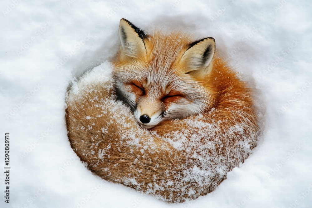 Fototapeta premium Red fox curled up sleeping in the snow