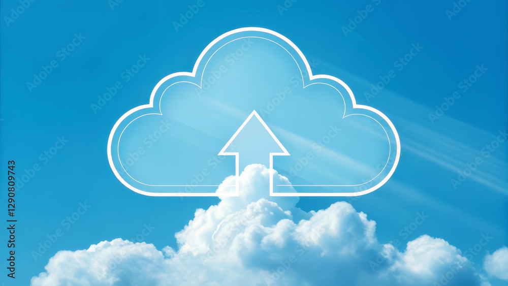 Cloud storage computing concept. Cloud symbol with an upward arrow in a blue sky background. Cloud storage computing concept. Cloud symbol with an upward arrow in a blue sky background.