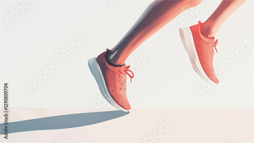 Close-up, low-angle shot of a person's legs and red running shoes mid-stride against a bright white background.  The shoes are brightly lit, showing detail of the shoe's design and texture. A