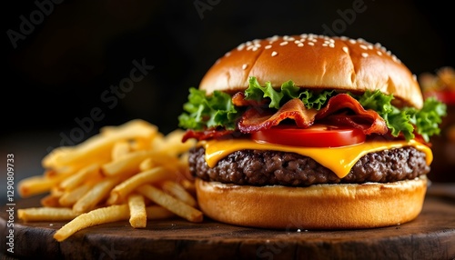 Juicy cheeseburger, sesame seed bun, melted cheese, high-resolution food photography