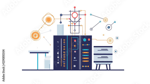 The illustration depicts a stylized, abstract representation of a data center or server room. The central element is a dark-colored server rack with various colored indicators and details