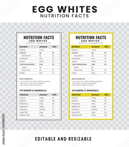 Egg Whites Nutrition Facts. Nutrition Facts Label and Nutrition List. Editable and Resizable Templates of Nutrition Facts, Supplement Facts and Vitamin Facts. Isolated on Transparent Background.