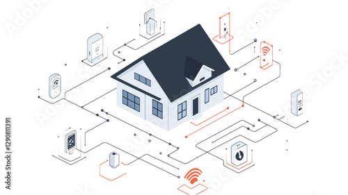 Isometric illustration depicting a house at the center, connected by lines and symbols to various smart devices such as smartphones, tablets, security systems, and other home appliances. The