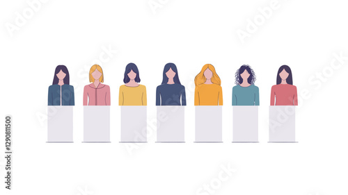 Digital illustration showing eight stylized female avatars with varying hair colors and clothing. Each avatar is depicted from the shoulders up, with a simple, flat design style.  The avatars are