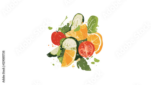 A digitally manipulated image showcasing a dynamic arrangement of sliced tomatoes, cucumbers, orange segments, and green leafy vegetables against a white background. The elements appear to be in