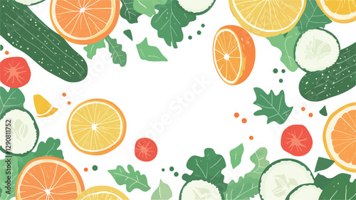 A digital illustration featuring a frame composed of sliced oranges, cucumbers, tomatoes, and lettuce leaves on a white background. The fruits and vegetables are depicted in a stylized, slightly
