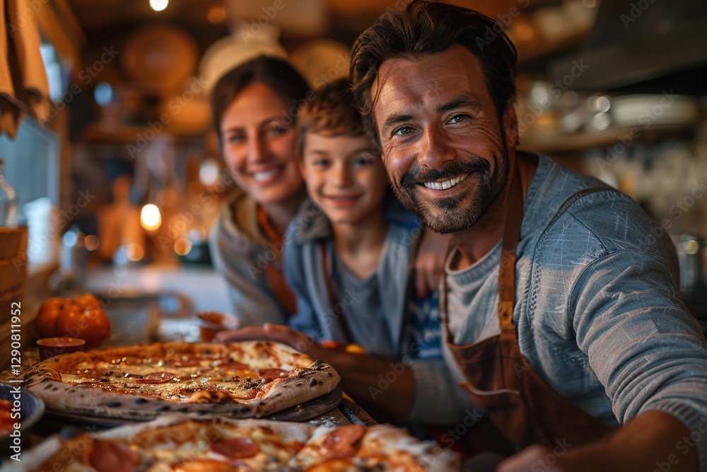 A joyful family shares a pizza dinner at home, smiling and laughing while enjoying each other's company. Warm lights create a cozy atmosphere as they engage in happy conversation
