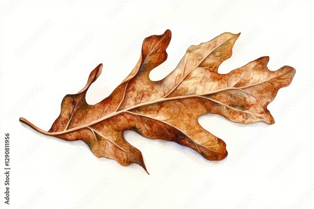 Naklejka premium A brown curled oak leaf in watercolor, realistic decay and soft shading, isolated