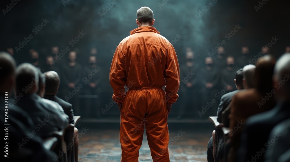 The image portrays a person in an orange jumpsuit surrounded by a faceless audience dressed in black, hinting at themes of authority, fear, and the human psyche's struggles. The image portrays a person in an orange jumpsuit surrounded by a faceless audience dressed in black, hinting at themes of authority, fear, and the human psyche's struggles.